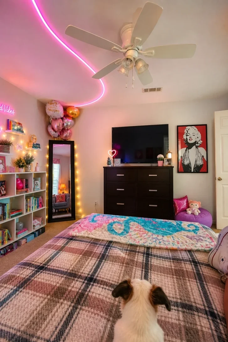Pink LED Strip That Curves Across the Ceiling