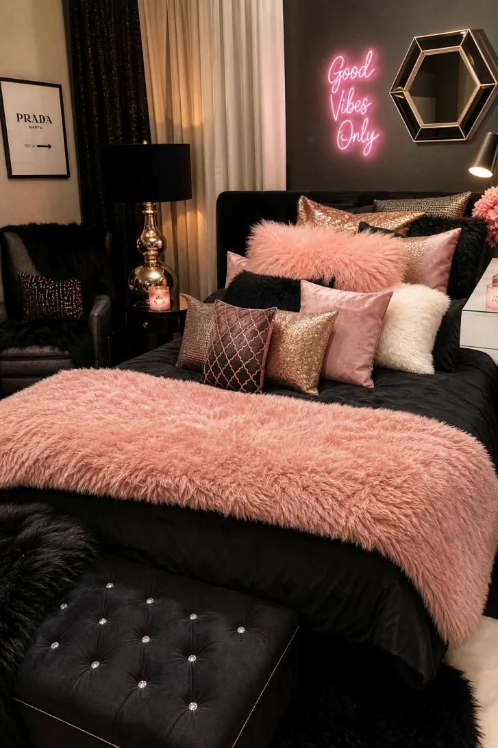 Pink Neon Sign Electrifies a Dark Moody Bedroom