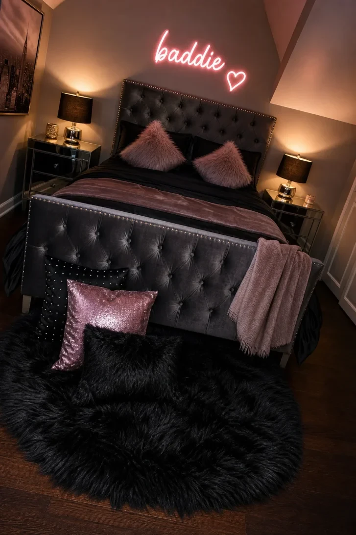 Pink Neon Sign Glows Above Velvet Bed