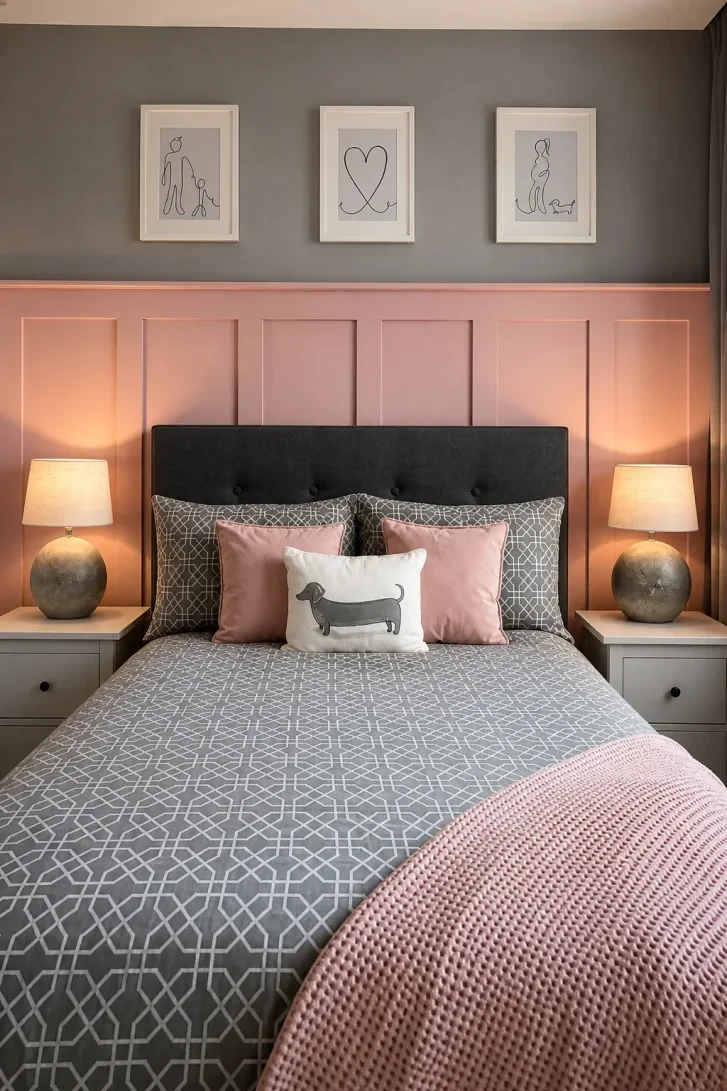 Pink Panel Wall Meets Dark Tufted Headboard Magic