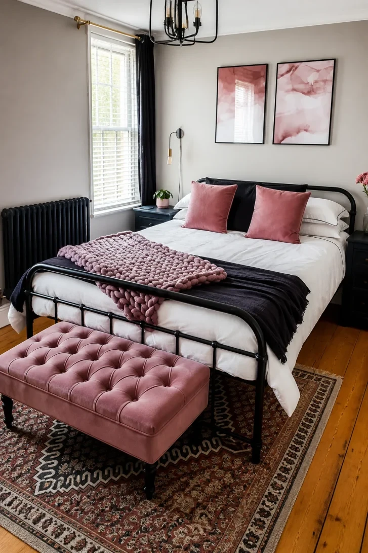 Pink Velvet Bench Anchors the Entire Room