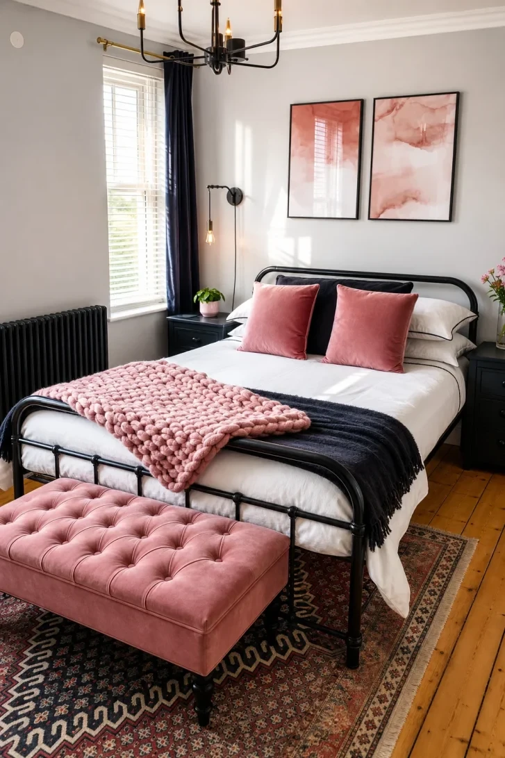 Pink Velvet Ottoman Anchors a Bold Blush Palette