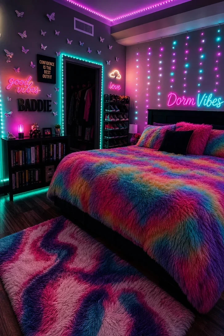 Rainbow Faux Fur Bedding Steals the Whole Room