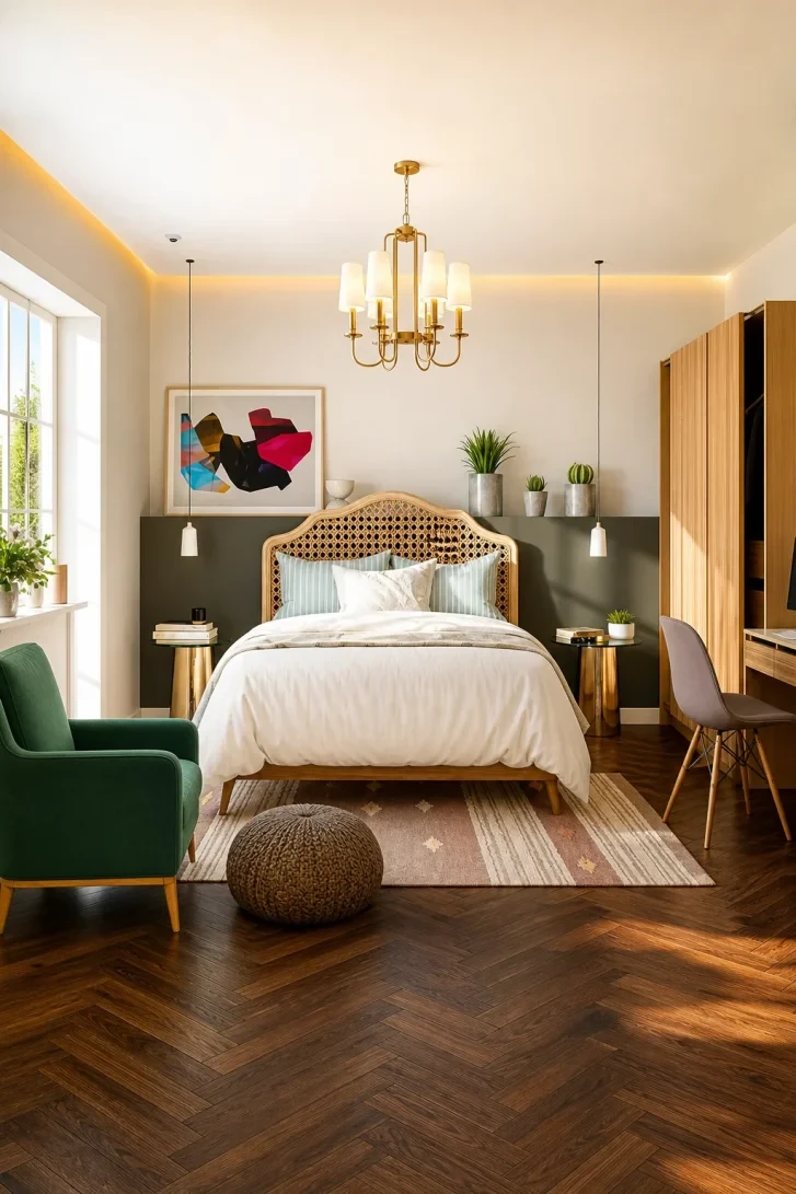 Rattan Headboard Anchors a Bold Eclectic Mix