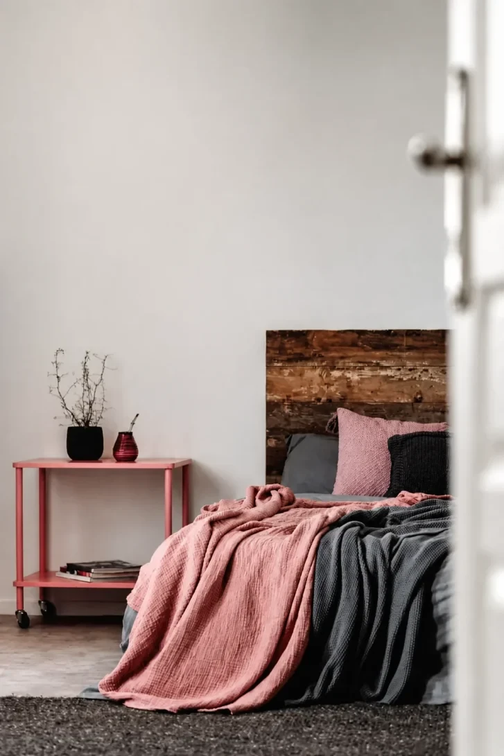 Reclaimed Wood Headboard Anchors Pink and Grey Perfectly