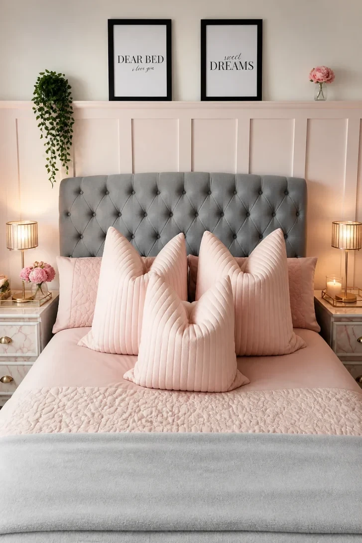 Ribbed Blush Pillows Against a Grey Tufted Headboard
