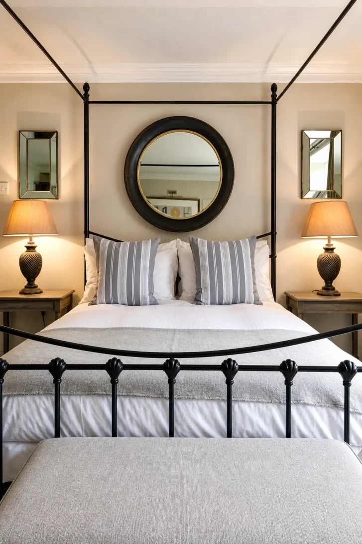 Round Mirror Framed by Four-Poster Iron Posts