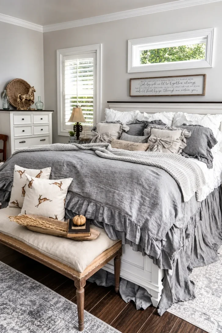 Ruffled Grey Linen Cascades From Duvet to Floor
