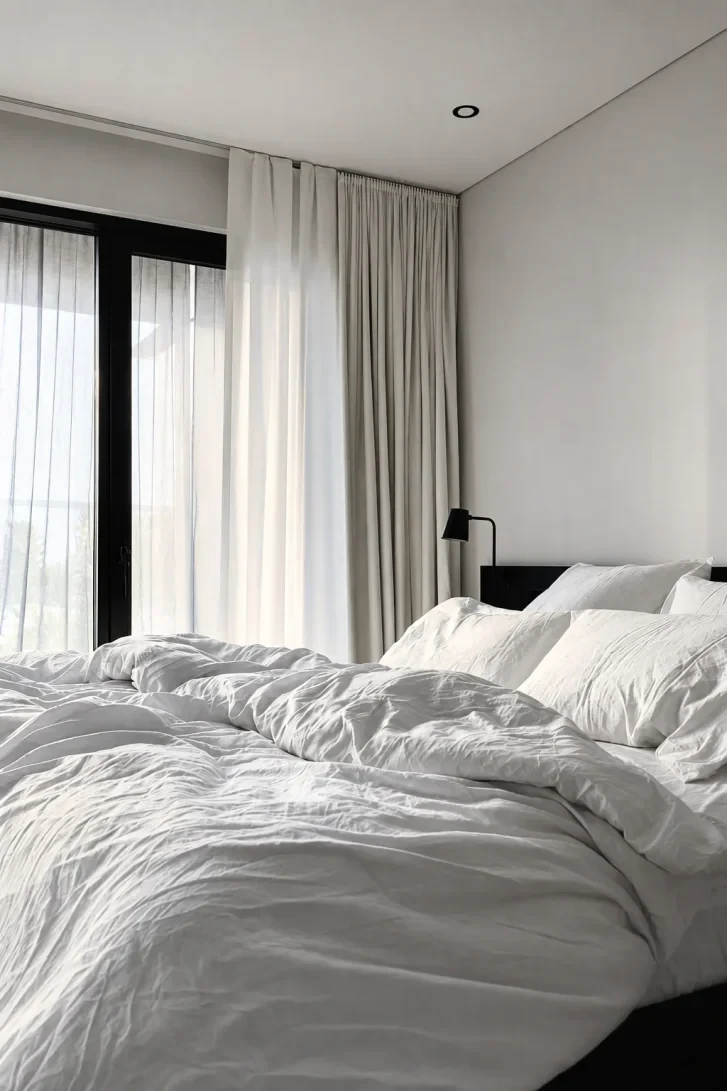 Rumpled White Linen Against a Matte Black Headboard