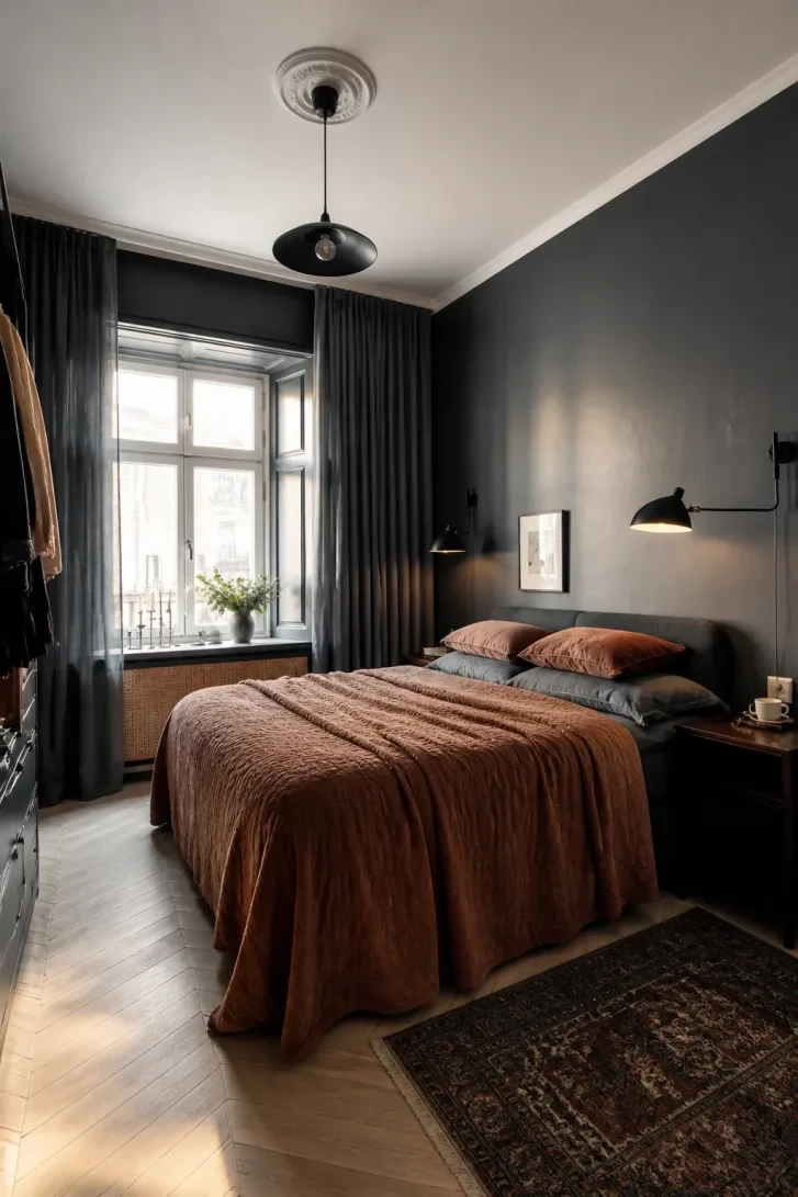 Rust Velvet Throw Against Charcoal Walls Ignites Drama