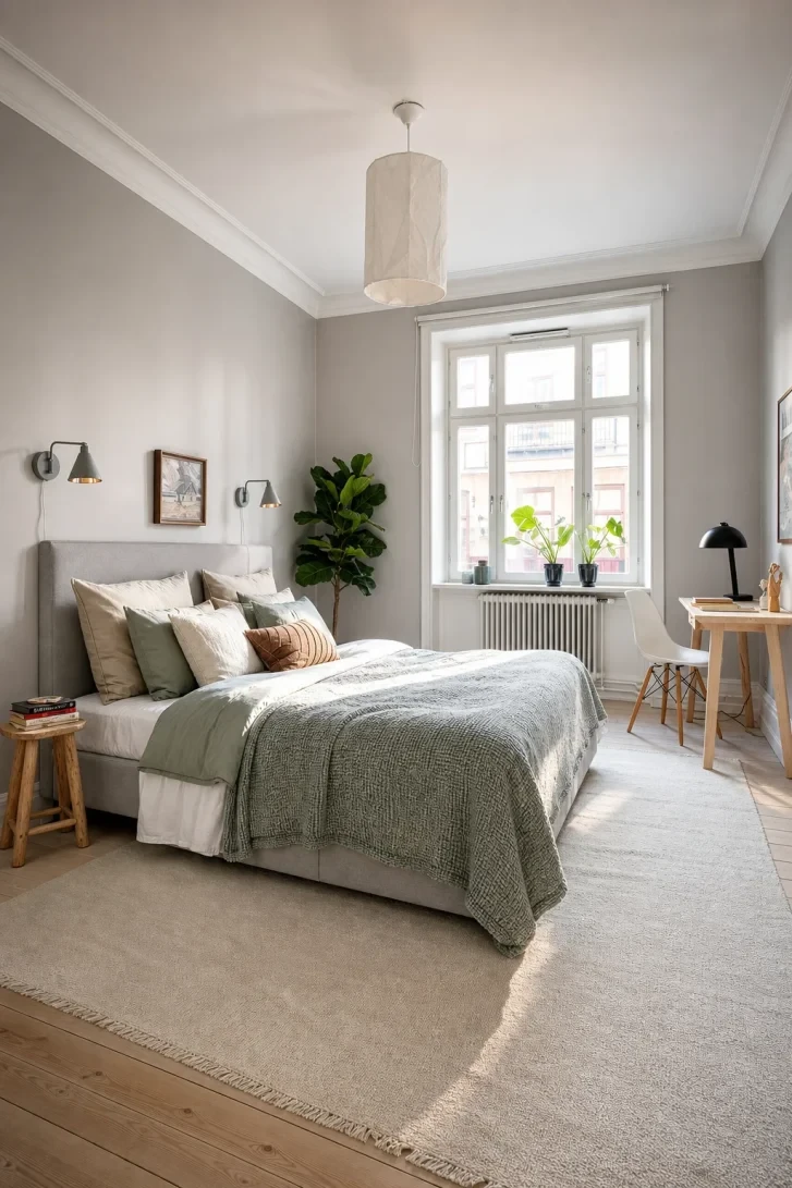 Sage Green Throw Transforms a Grey Bed Frame