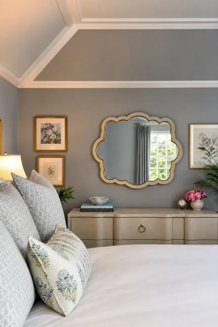 Scalloped Gold Mirror Steals the Grey Room Show