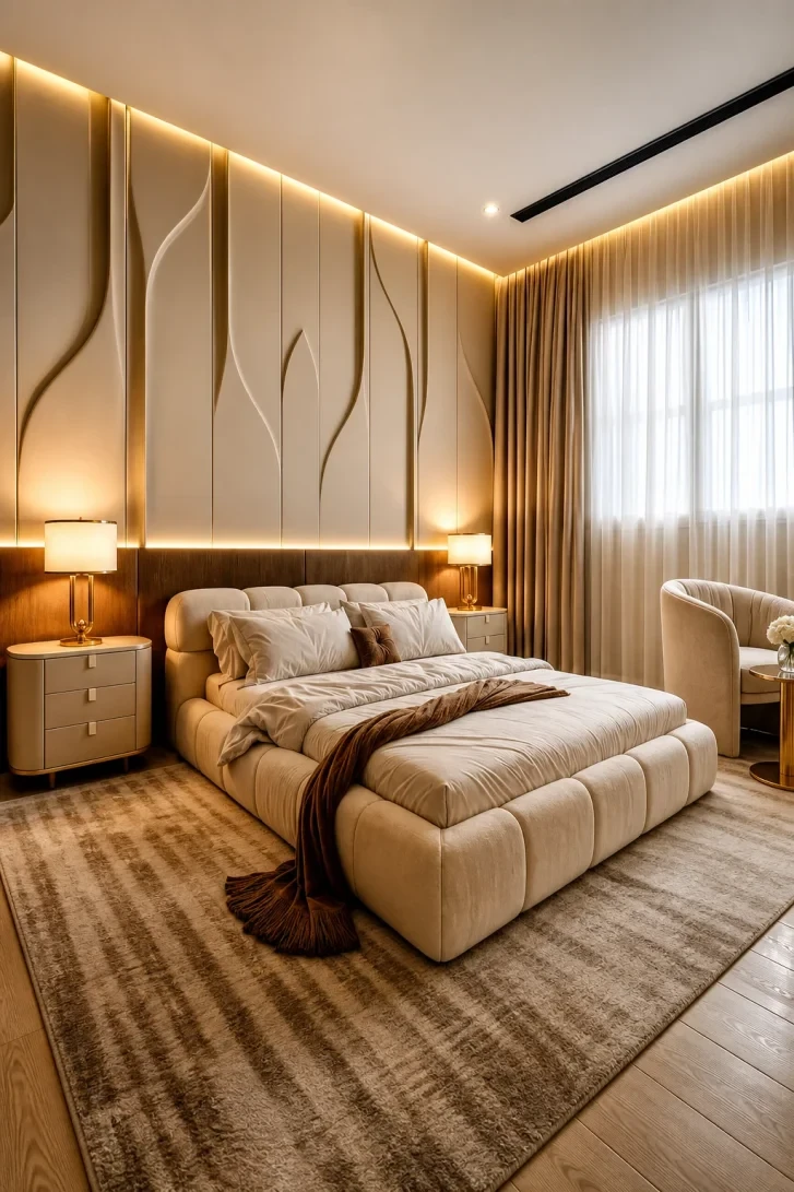 Sculpted Leaf Panel Wall Glowing With Warm Light