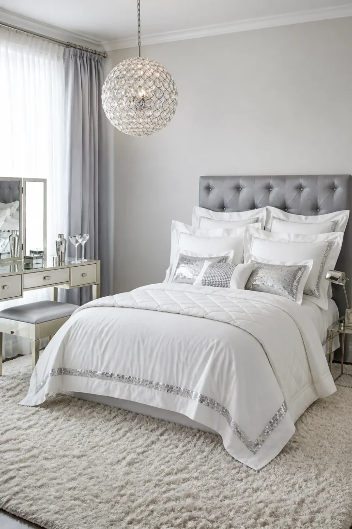 Silver Sequin Trim Turns Plain White Bedding Extraordinary