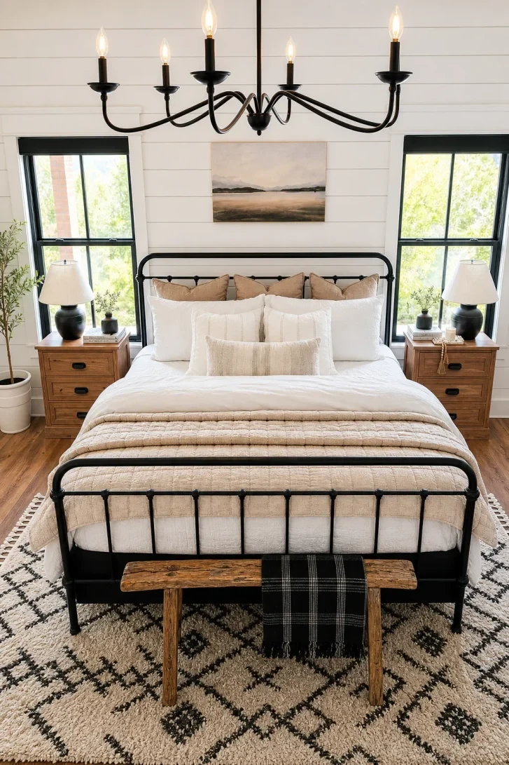 Six-Candle Chandelier Commands This Iron Bed Room