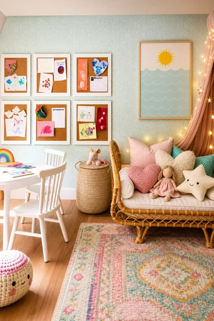 Six Framed Cork Boards Turn Kid Art Into Gallery
