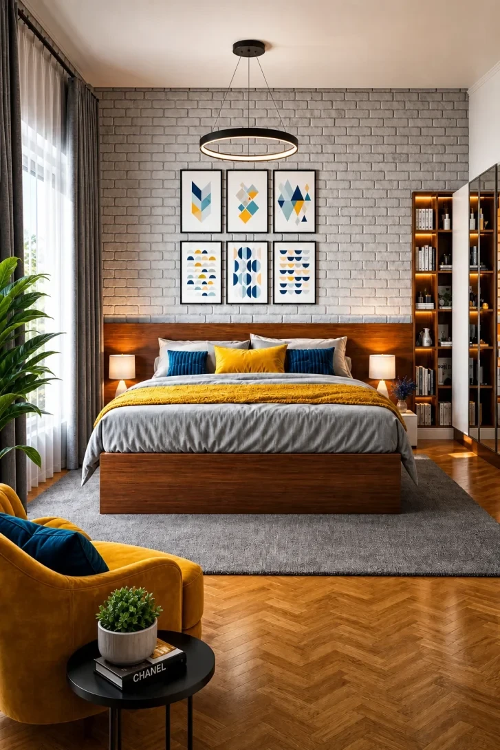 Six Geometric Prints Anchored to Raw Brick Wall