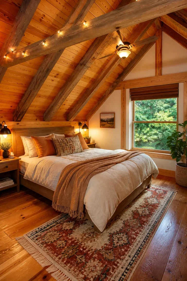 String Lights Draped Across Exposed Timber Trusses