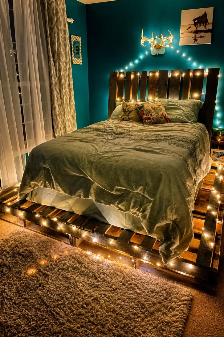 String Lights Wrapped Around a Full Pallet Bed