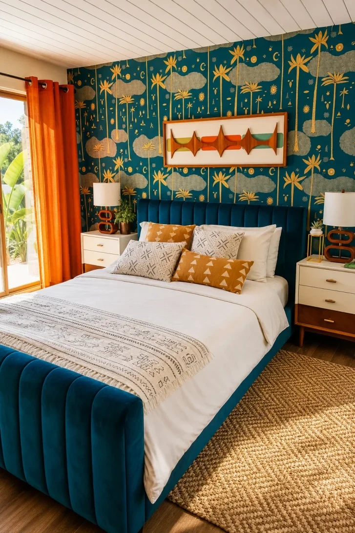 Teal Velvet Bed Against Gold Palm Wallpaper