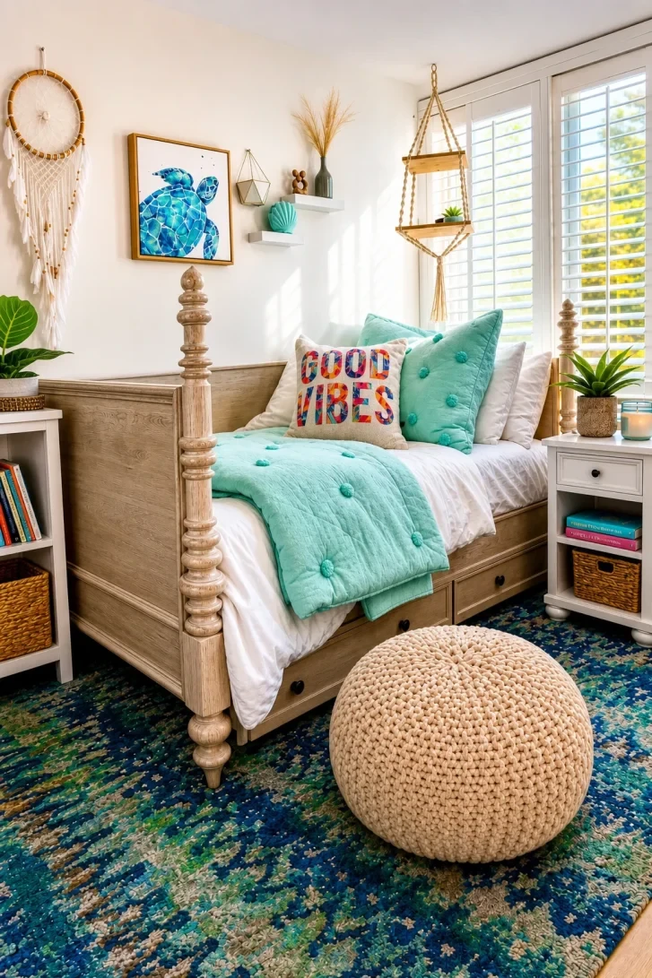 That Ocean-Floor Rug Anchors Every Bold Color Above