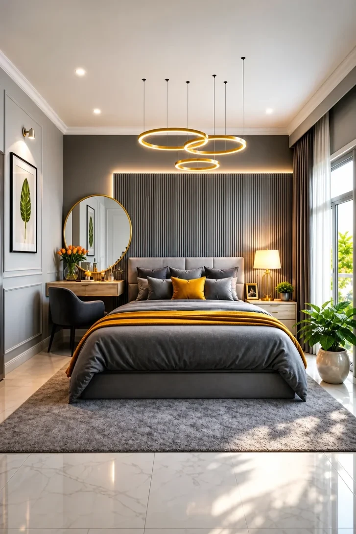 Three Gold Rings Electrify a Grey Bedroom Ceiling