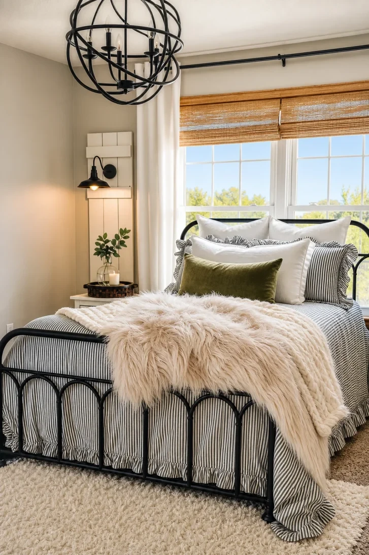 Ticking Stripe Ruffles Soften a Black Iron Frame