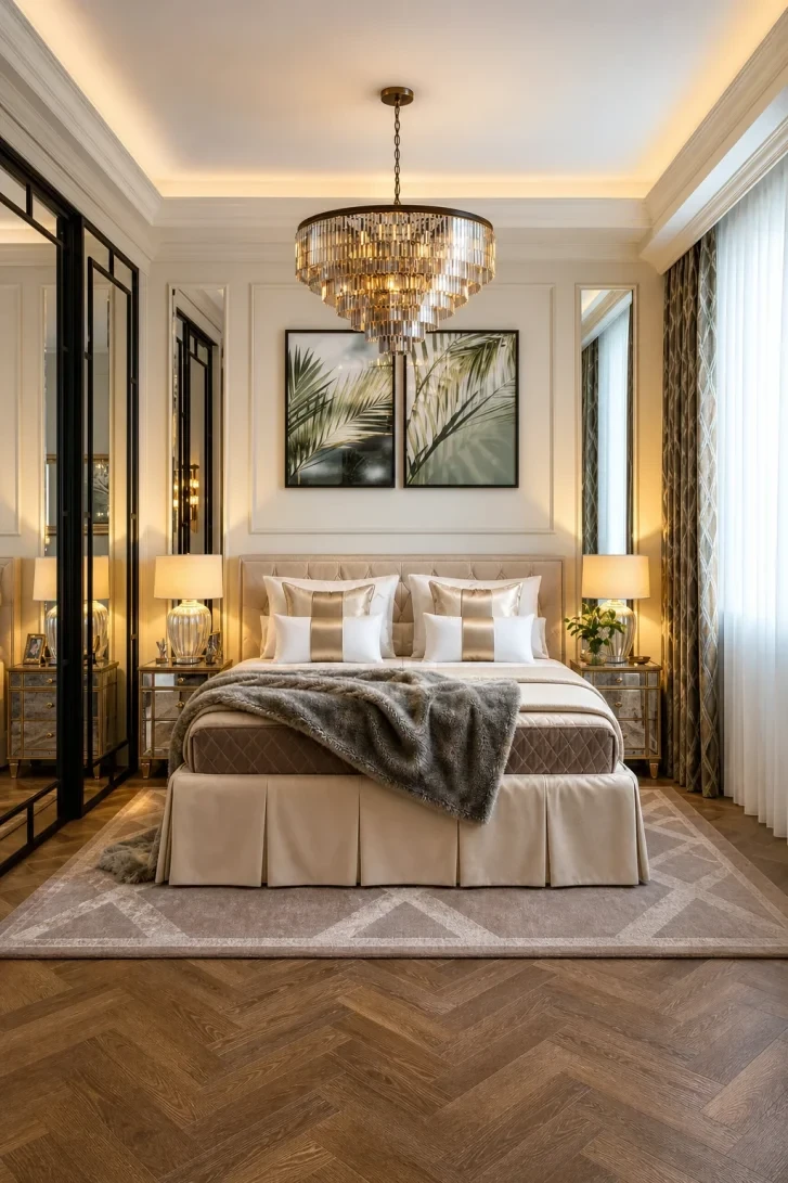 Tiered Crystal Chandelier Anchors a Gold-Toned Sanctuary
