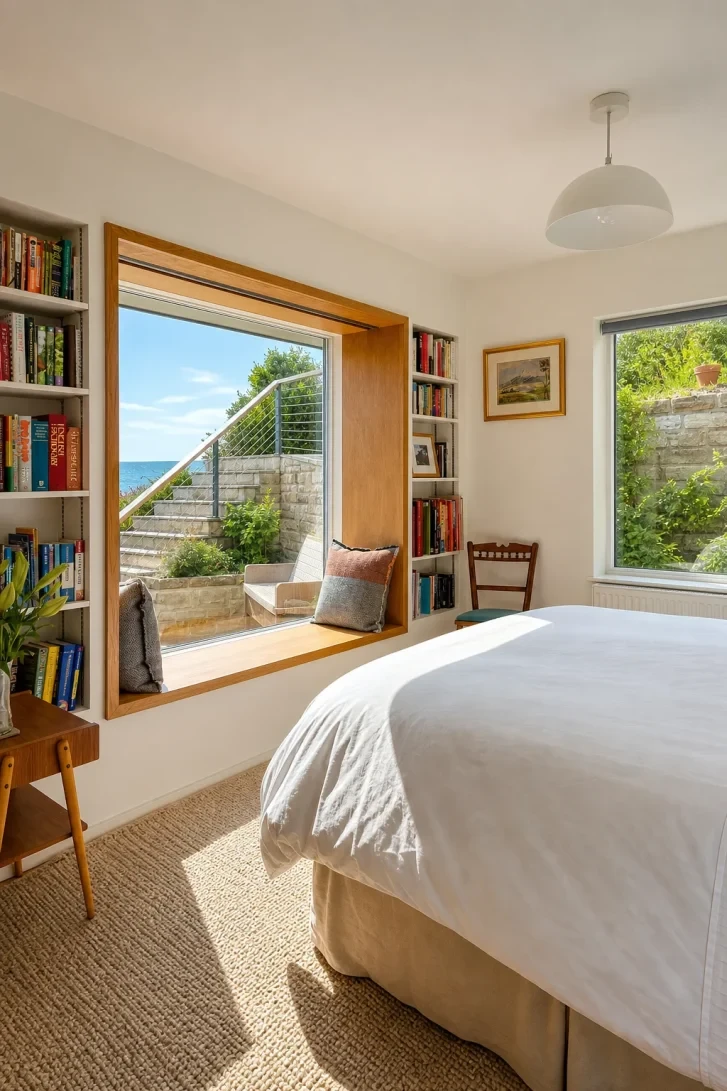Timber-Framed Window Seat Frames an Ocean View