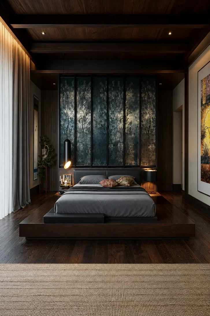 Towering Dark Botanical Panels Dominate the Headboard Wall