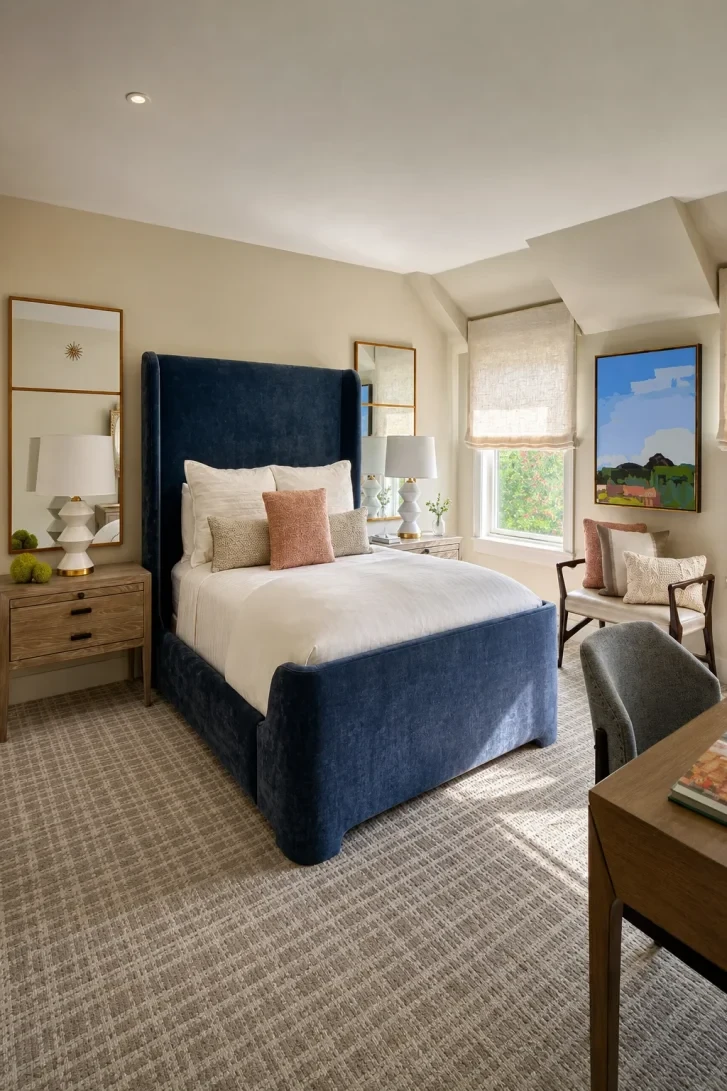 Towering Navy Velvet Headboard Commands the Whole Room