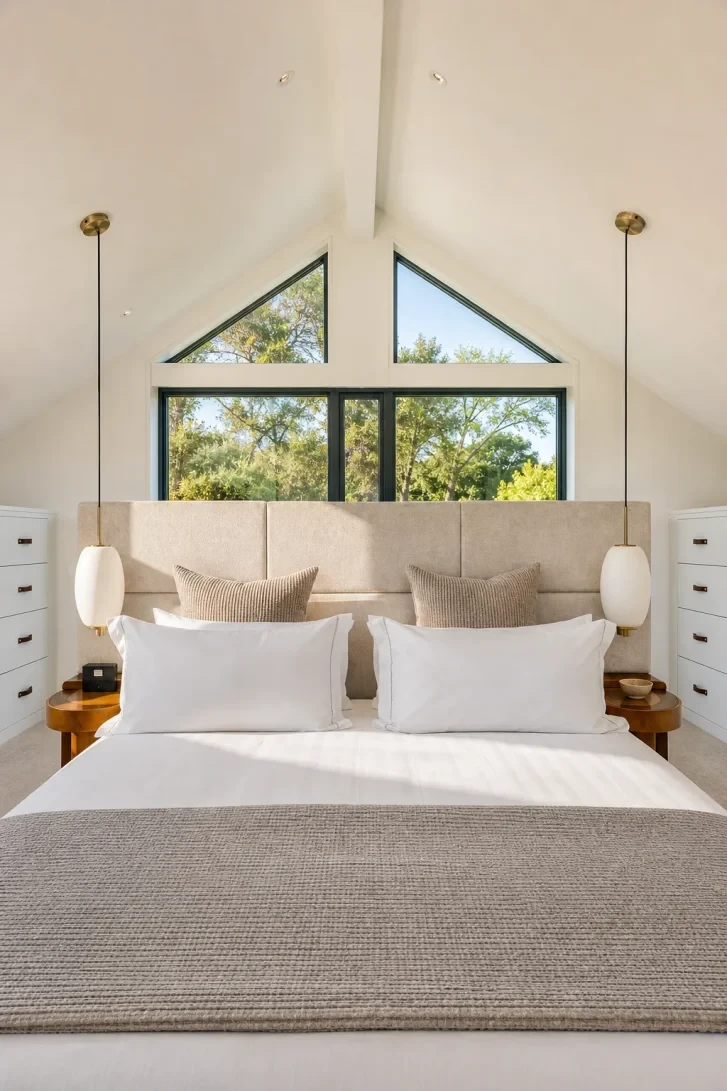Triangular Gable Windows Frame a Treetop Sky View