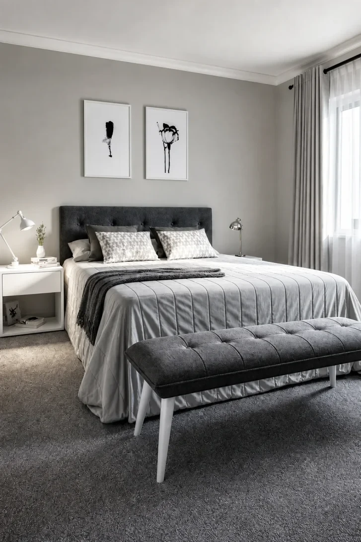 Tufted Bench Anchors a Full Grey Tonal Story