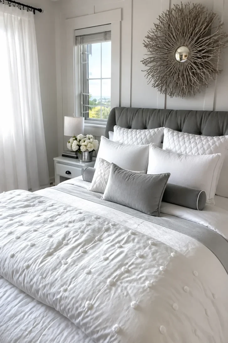 Tufted Coral Sunburst Mirror Anchors an All-White Sanctuary
