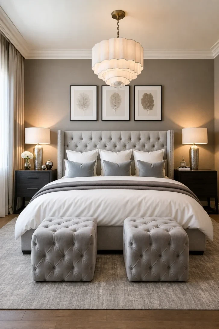 Tufted Ottomans Mirror the Headboard's Diamond Pattern