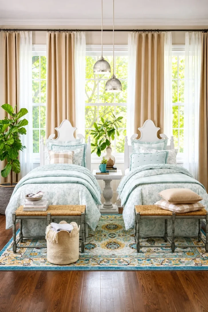 Twin Beds Flanking a Window-Lit Pedestal Table