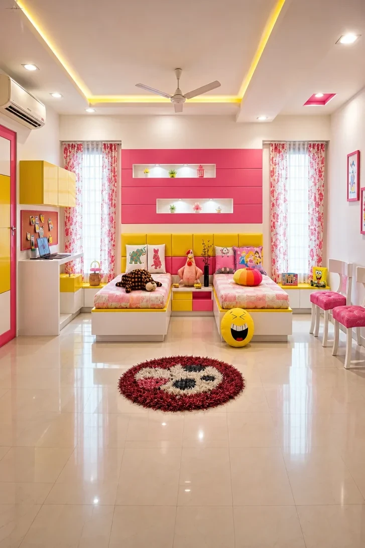 Twin Beds Sharing One Bold Yellow Headboard