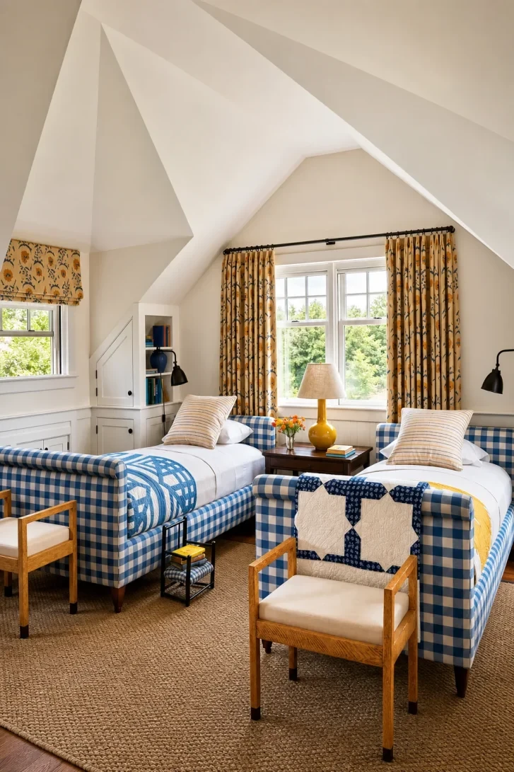 Twin Beds Upholstered in Bold Blue Gingham