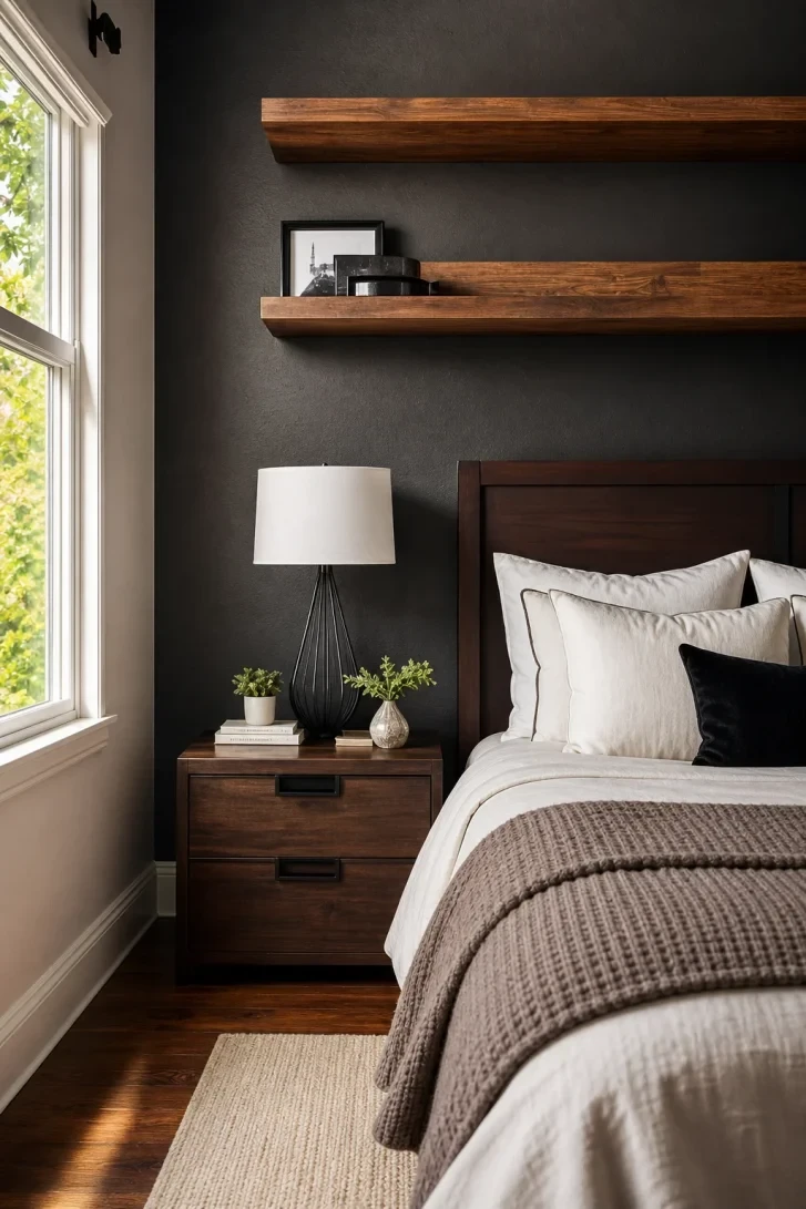 Two Floating Walnut Shelves Against Charcoal Black Walls