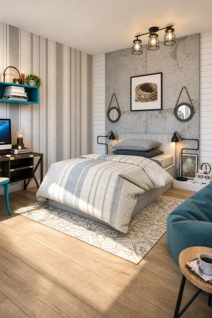 Two Round Strap Mirrors Frame a Concrete Accent Wall
