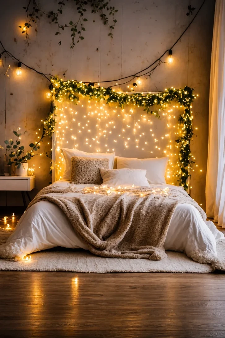 Vine and Fairy Light Canopy Frames the Bed