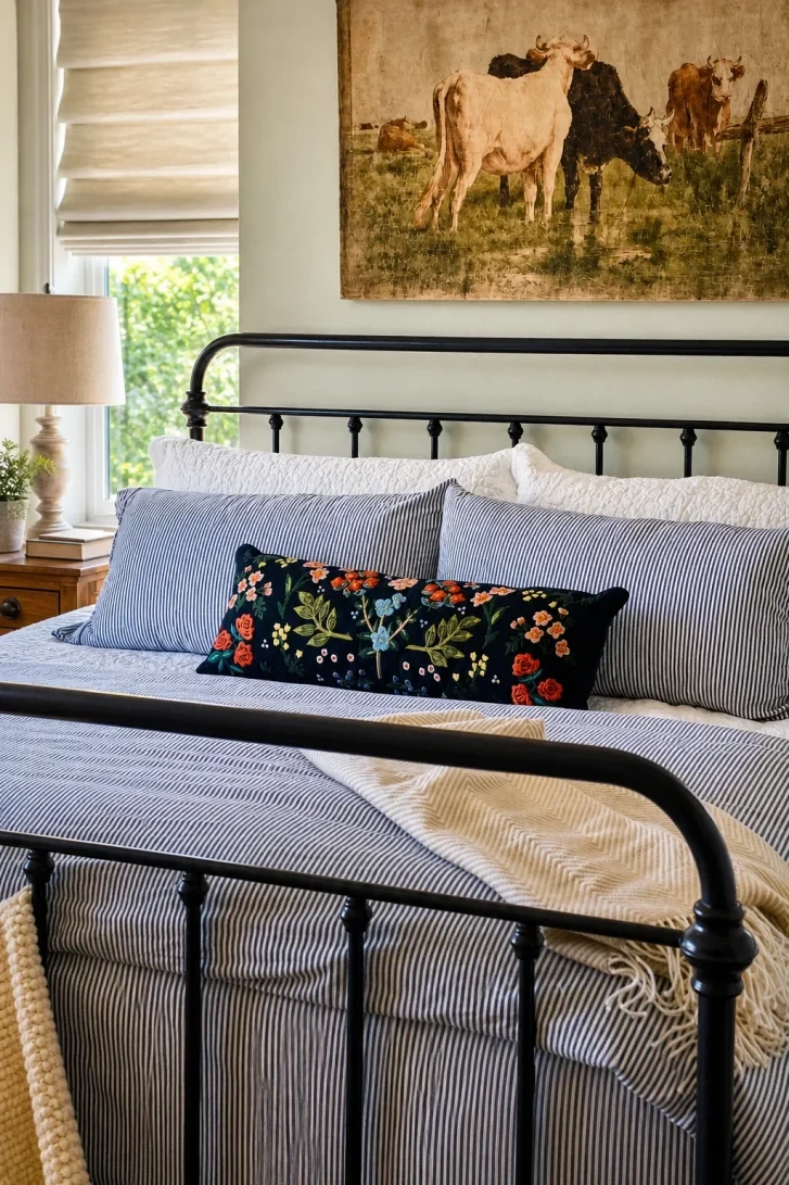 Vintage Cow Painting Anchors This Farmhouse Bedroom