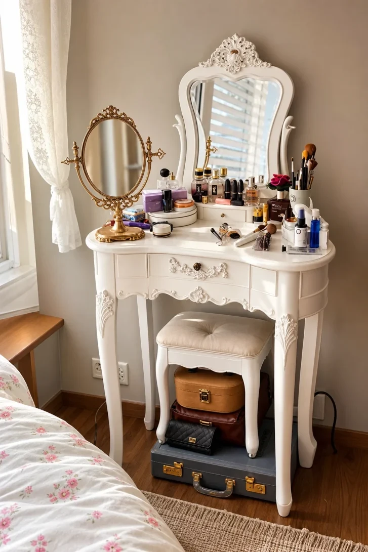 Vintage White Vanity With a Stacked Luggage Base