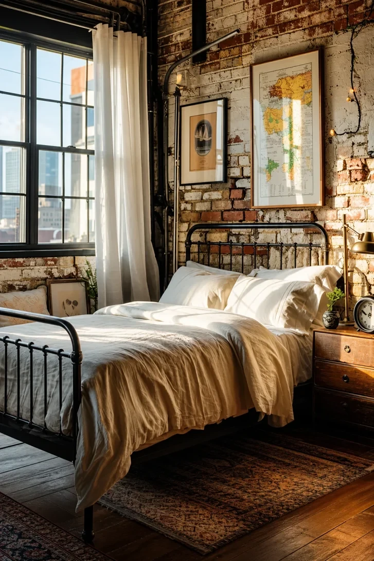 Vintage World Map Art on Exposed Brick Wall