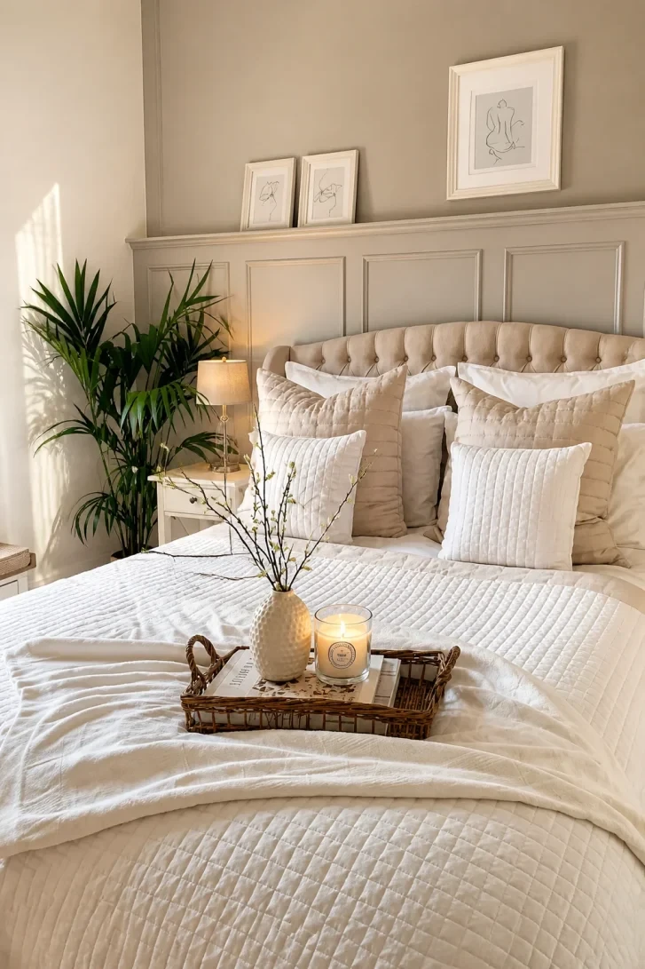 Wainscoting Ledge Displays Line Art Above the Bed