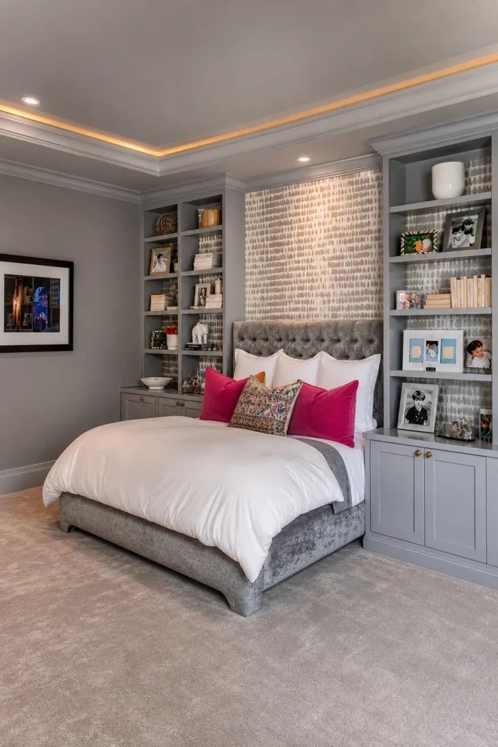 Wallpapered Alcove Frames the Bed Like Art