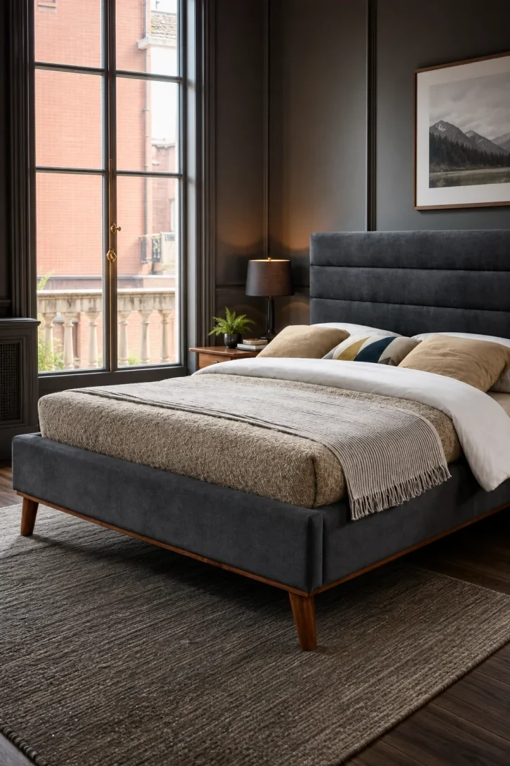 Walnut Legs Lift a Dark Velvet Bed Frame