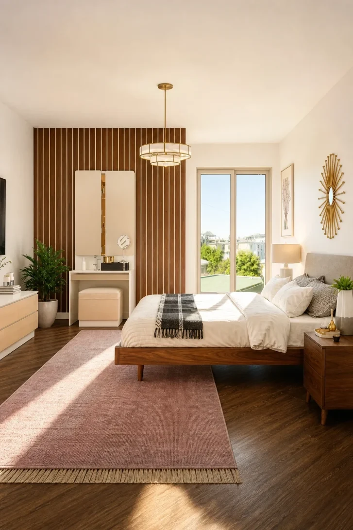 Walnut Slat Accent Wall Anchors the Whole Room