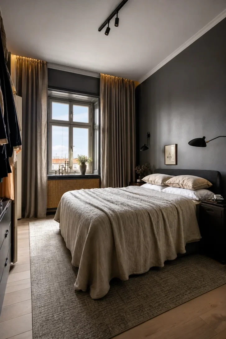 Warm Gold Curtains Against Dark Grey Walls