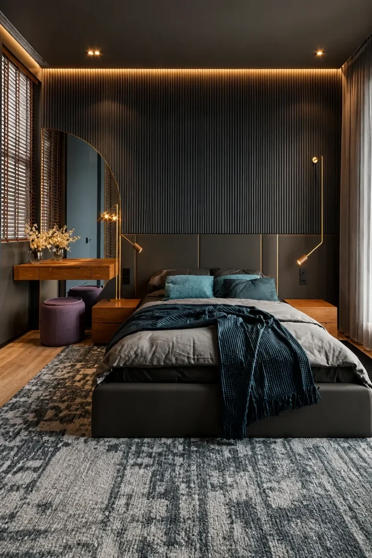Warm Gold Sconces Slice Through Dark Slat Wall